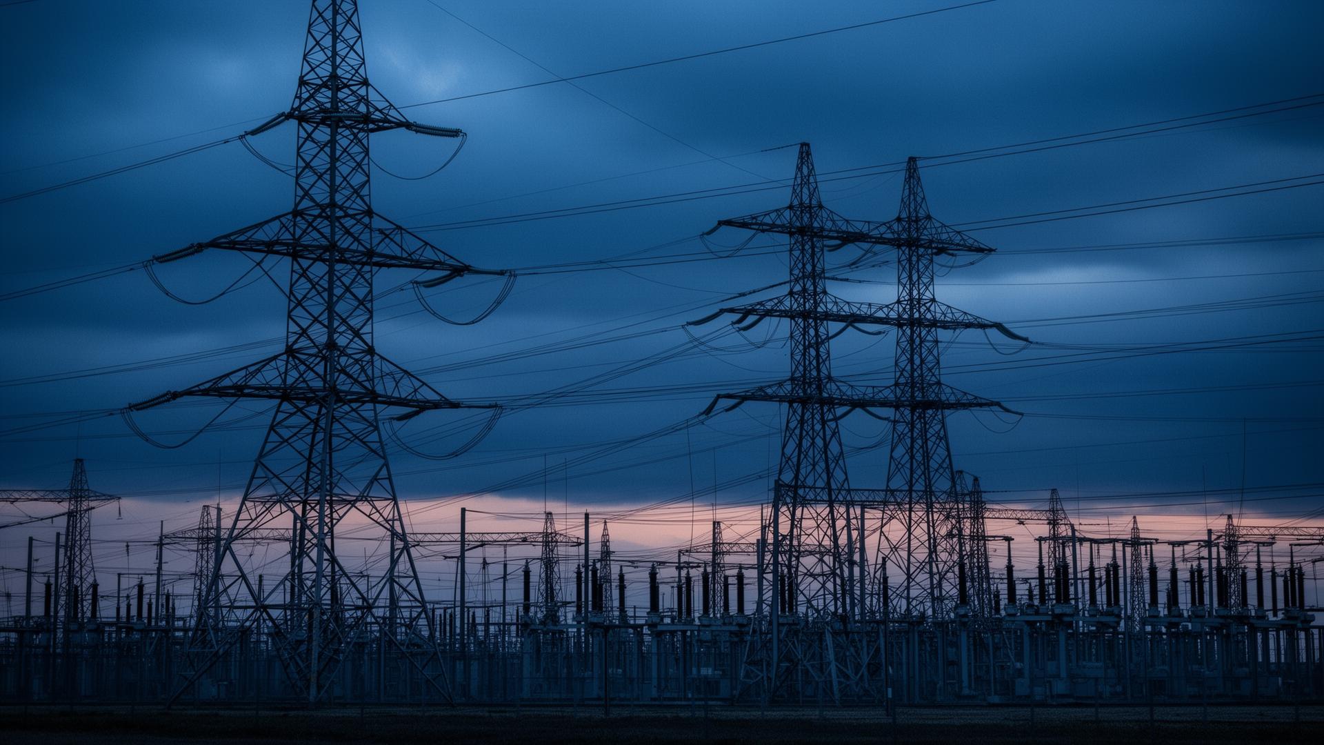 High voltage transmission infrastructure at dusk